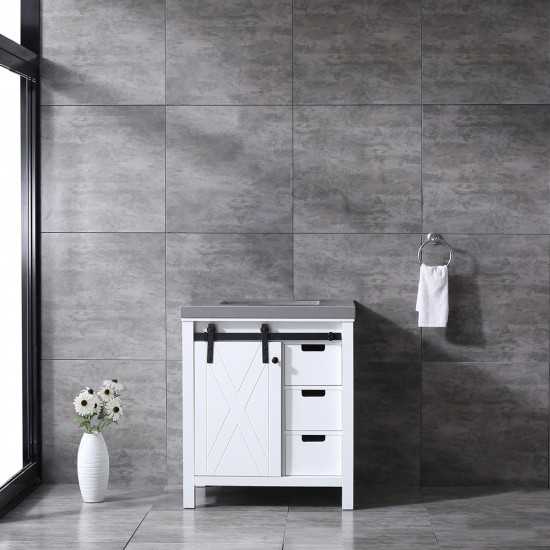 Marsyas 30" White Single Vanity, Grey Quartz Top, White Square Sink and no Mirror