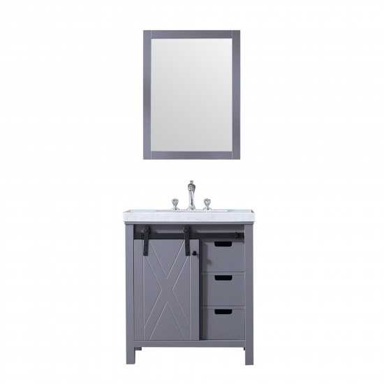 Marsyas 30" Dark Grey Single Vanity, White Carrara Marble Top, White Square Sink and 28" Mirror w/ Faucet