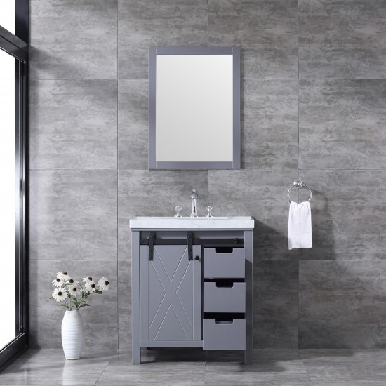 Marsyas 30" Dark Grey Single Vanity, White Carrara Marble Top, White Square Sink and 28" Mirror w/ Faucet