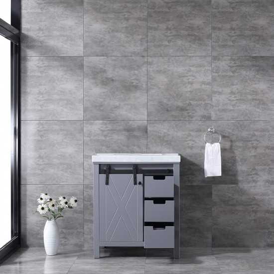 Marsyas 30" Dark Grey Single Vanity, White Carrara Marble Top, White Square Sink and no Mirror