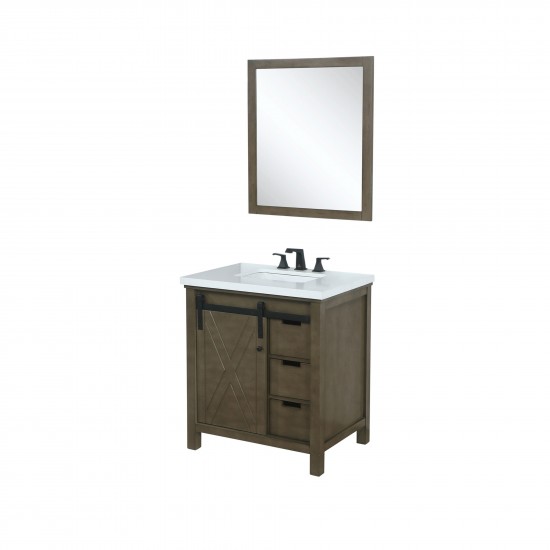 Marsyas 30" Rustic Brown Single Vanity, White Quartz Top, White Square Sink and 28" Mirror w/ Faucet