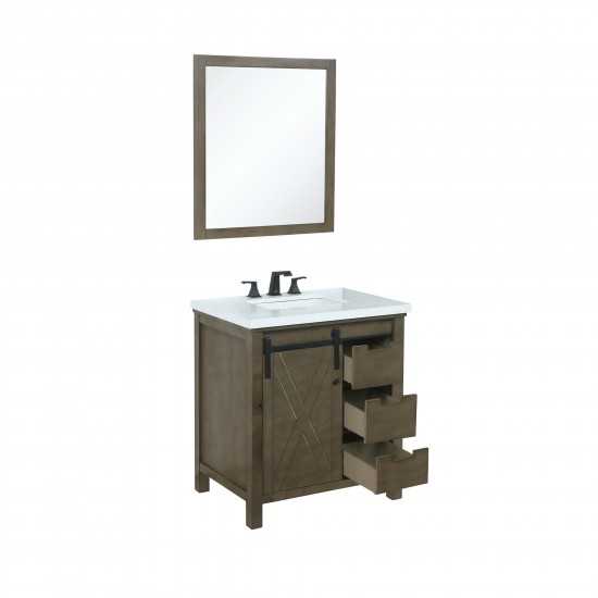 Marsyas 30" Rustic Brown Single Vanity, White Quartz Top, White Square Sink and 28" Mirror w/ Faucet