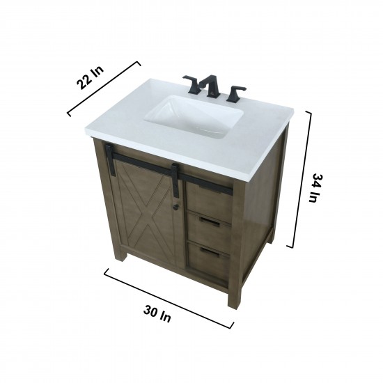 Marsyas 30" Rustic Brown Single Vanity, White Quartz Top, White Square Sink and 28" Mirror w/ Faucet