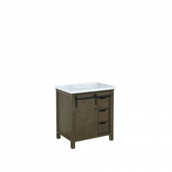 Marsyas 30" Rustic Brown Single Vanity, White Quartz Top, White Square Sink and no Mirror