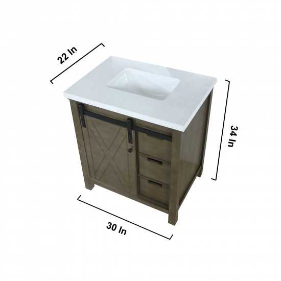 Marsyas 30" Rustic Brown Single Vanity, White Quartz Top, White Square Sink and no Mirror