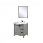 Marsyas 30" Ash Grey Single Vanity, White Quartz Top, White Square Sink and 28" Mirror w/ Faucet