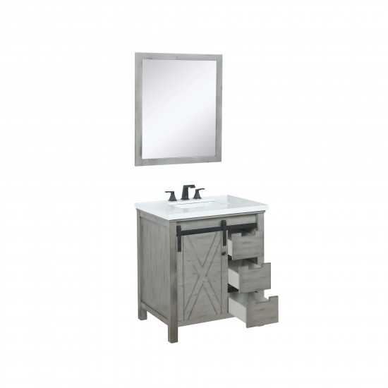 Marsyas 30" Ash Grey Single Vanity, White Quartz Top, White Square Sink and 28" Mirror w/ Faucet