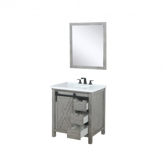 Marsyas 30" Ash Grey Single Vanity, White Quartz Top, White Square Sink and 28" Mirror w/ Faucet