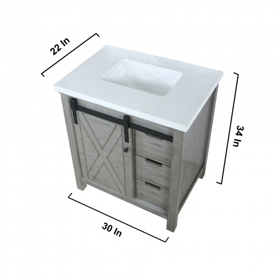 Marsyas 30" Ash Grey Single Vanity, White Quartz Top, White Square Sink and no Mirror