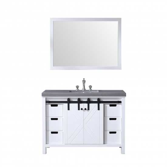 Marsyas 48" White Single Vanity, Grey Quartz Top, White Square Sink and 44" Mirror w/ Faucet