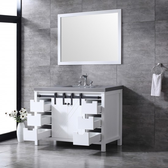 Marsyas 48" White Single Vanity, Grey Quartz Top, White Square Sink and 44" Mirror w/ Faucet