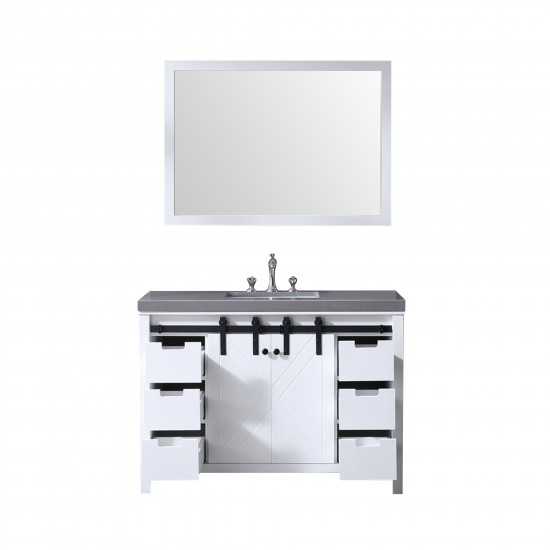 Marsyas 48" White Single Vanity, Grey Quartz Top, White Square Sink and 44" Mirror w/ Faucet