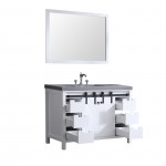 Marsyas 48" White Single Vanity, Grey Quartz Top, White Square Sink and 44" Mirror w/ Faucet