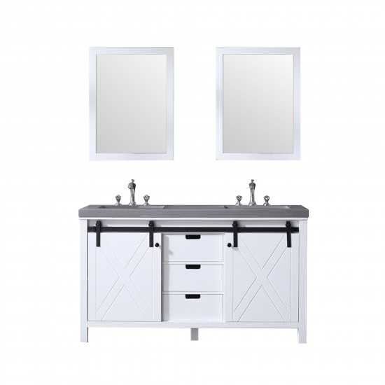 Marsyas 60" White Double Vanity, Grey Quartz Top, White Square Sinks and 24" Mirrors w/ Faucets