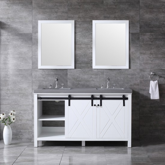 Marsyas 60" White Double Vanity, Grey Quartz Top, White Square Sinks and 24" Mirrors w/ Faucets