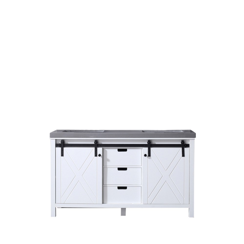Marsyas 60" White Double Vanity, Grey Quartz Top, White Square Sinks and no Mirror Marsyas 60" White Double Vanity, Grey Quartz Top, White Square Sinks and no Mirror