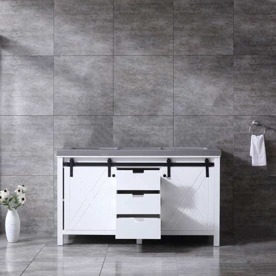 Marsyas 60" White Double Vanity, Grey Quartz Top, White Square Sinks and no Mirror
