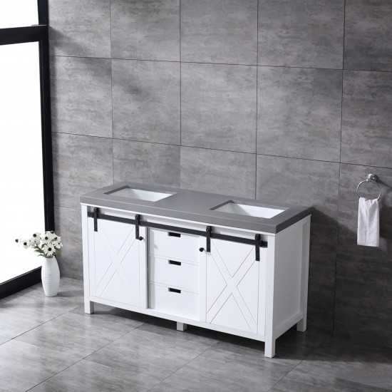 Marsyas 60" White Double Vanity, Grey Quartz Top, White Square Sinks and no Mirror