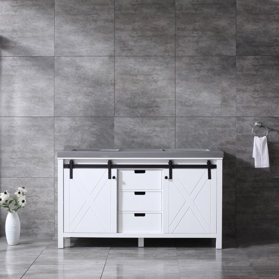 Marsyas 60" White Double Vanity, Grey Quartz Top, White Square Sinks and no Mirror