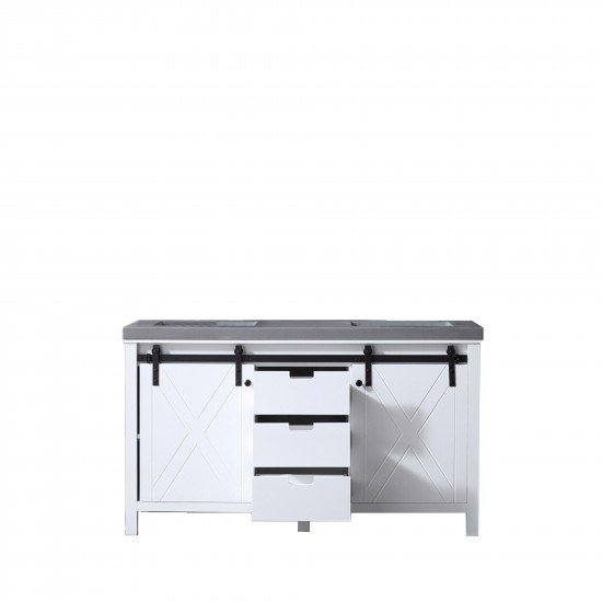 Marsyas 60" White Double Vanity, Grey Quartz Top, White Square Sinks and no Mirror