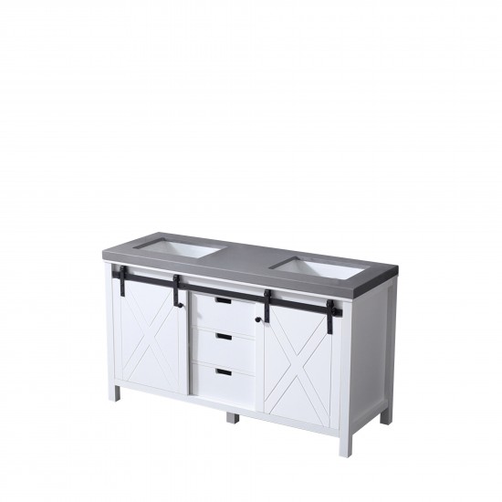 Marsyas 60" White Double Vanity, Grey Quartz Top, White Square Sinks and no Mirror