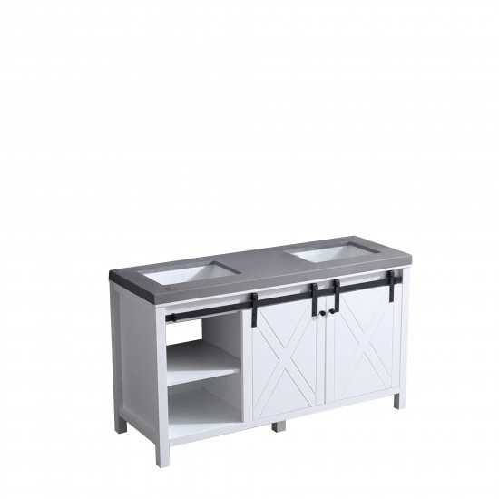 Marsyas 60" White Double Vanity, Grey Quartz Top, White Square Sinks and no Mirror