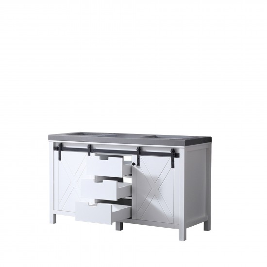 Marsyas 60" White Double Vanity, Grey Quartz Top, White Square Sinks and no Mirror