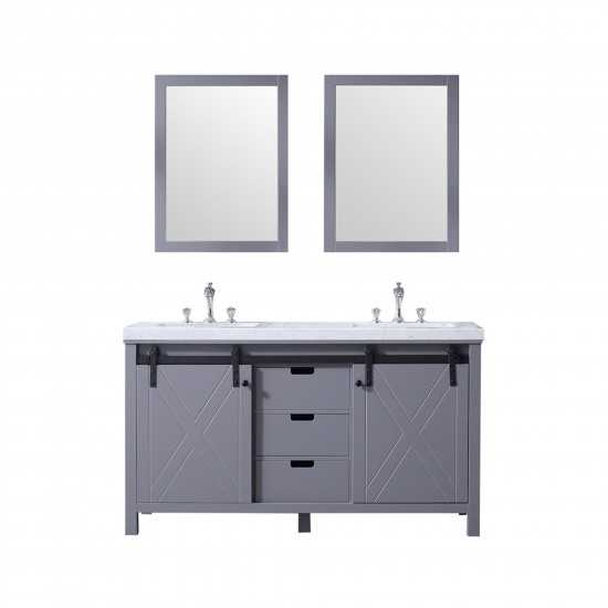 Marsyas 60" Dark Grey Double Vanity, White Carrara Marble Top, White Square Sinks and 24" Mirrors w/ Faucets