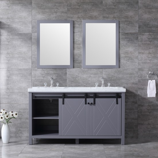 Marsyas 60" Dark Grey Double Vanity, White Carrara Marble Top, White Square Sinks and 24" Mirrors w/ Faucets