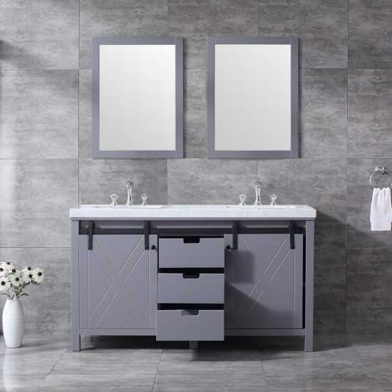 Marsyas 60" Dark Grey Double Vanity, White Carrara Marble Top, White Square Sinks and 24" Mirrors w/ Faucets