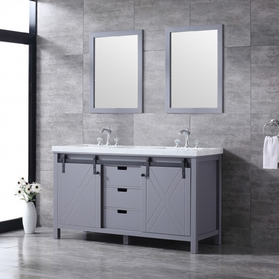 Marsyas 60" Dark Grey Double Vanity, White Carrara Marble Top, White Square Sinks and 24" Mirrors w/ Faucets