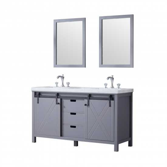 Marsyas 60" Dark Grey Double Vanity, White Carrara Marble Top, White Square Sinks and 24" Mirrors w/ Faucets