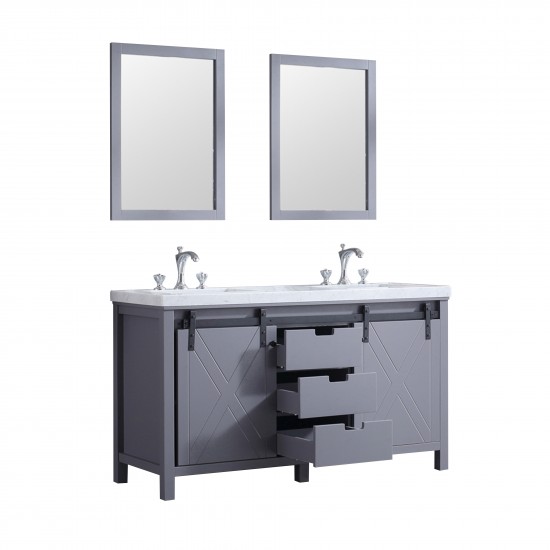 Marsyas 60" Dark Grey Double Vanity, White Carrara Marble Top, White Square Sinks and 24" Mirrors w/ Faucets