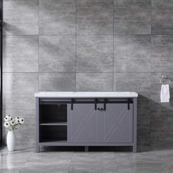 Marsyas 60" Dark Grey Double Vanity, White Carrara Marble Top, White Square Sinks and no Mirror