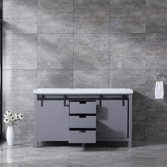 Marsyas 60" Dark Grey Double Vanity, White Carrara Marble Top, White Square Sinks and no Mirror