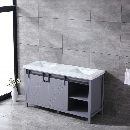 Marsyas 60" Dark Grey Double Vanity, White Carrara Marble Top, White Square Sinks and no Mirror