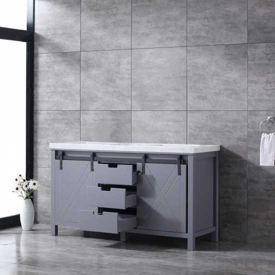 Marsyas 60" Dark Grey Double Vanity, White Carrara Marble Top, White Square Sinks and no Mirror