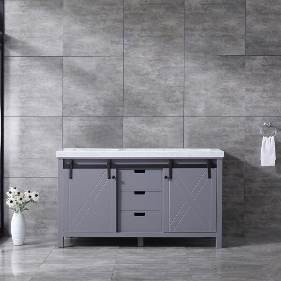 Marsyas 60" Dark Grey Double Vanity, White Carrara Marble Top, White Square Sinks and no Mirror