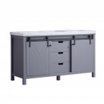Marsyas 60" Dark Grey Double Vanity, White Carrara Marble Top, White Square Sinks and no Mirror
