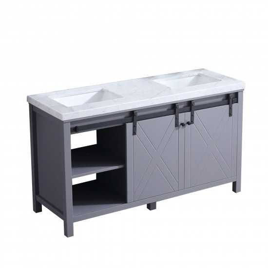 Marsyas 60" Dark Grey Double Vanity, White Carrara Marble Top, White Square Sinks and no Mirror