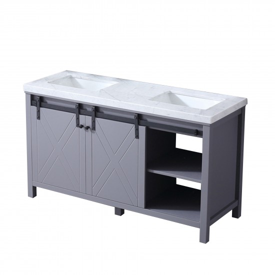 Marsyas 60" Dark Grey Double Vanity, White Carrara Marble Top, White Square Sinks and no Mirror