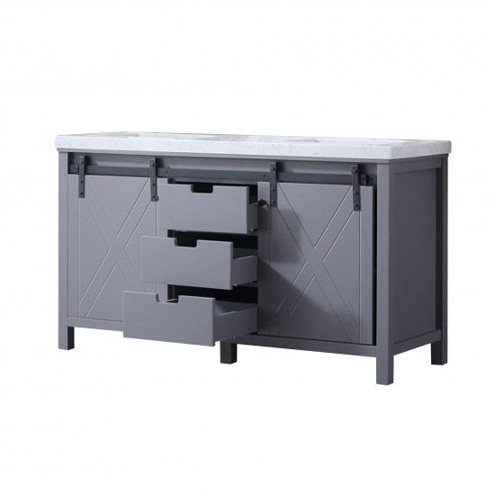Marsyas 60" Dark Grey Double Vanity, White Carrara Marble Top, White Square Sinks and no Mirror