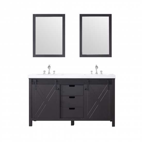 Marsyas 60" Brown Double Vanity, White Quartz Top, White Square Sinks and 24" Mirrors w/ Faucets