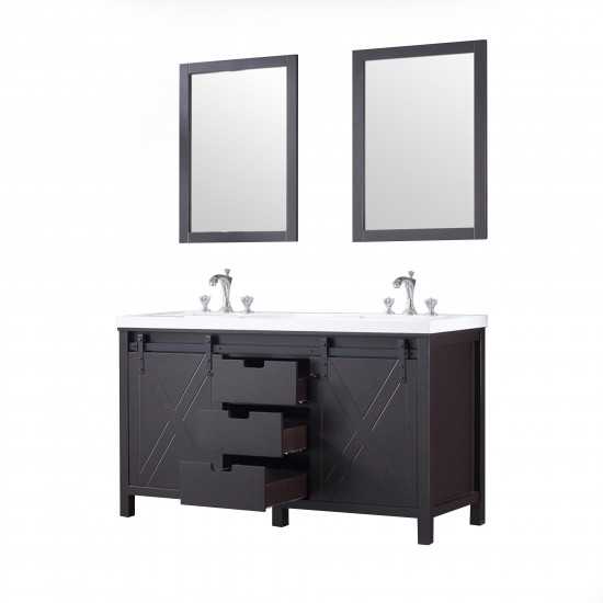 Marsyas 60" Brown Double Vanity, White Quartz Top, White Square Sinks and 24" Mirrors w/ Faucets