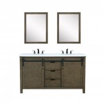 Marsyas 60" Rustic Brown Double Vanity, White Quartz Top, White Square Sinks and 24" Mirrors w/ Faucets