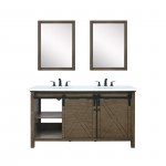 Marsyas 60" Rustic Brown Double Vanity, White Quartz Top, White Square Sinks and 24" Mirrors w/ Faucets