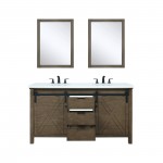 Marsyas 60" Rustic Brown Double Vanity, White Quartz Top, White Square Sinks and 24" Mirrors w/ Faucets