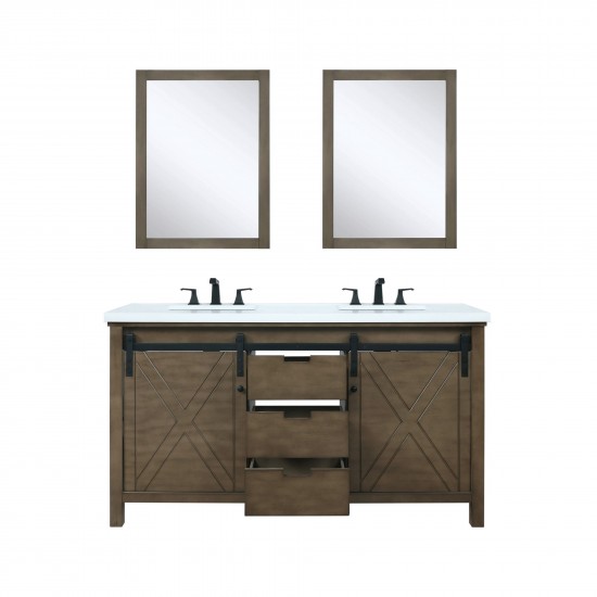 Marsyas 60" Rustic Brown Double Vanity, White Quartz Top, White Square Sinks and 24" Mirrors w/ Faucets