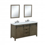 Marsyas 60" Rustic Brown Double Vanity, White Quartz Top, White Square Sinks and 24" Mirrors w/ Faucets