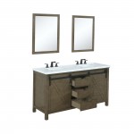 Marsyas 60" Rustic Brown Double Vanity, White Quartz Top, White Square Sinks and 24" Mirrors w/ Faucets